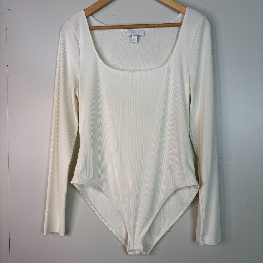TopShop‎ Bodysuit US 12 Ivory Ribbed Long Sleeve Square Neck Fitted Stretch
